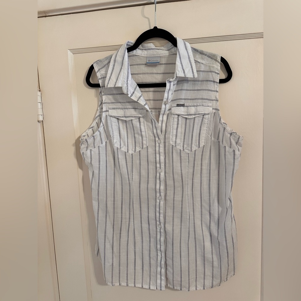 Columbia Women's Sleeveless Button Down Shirt White/Black Stripes 100% Cotton